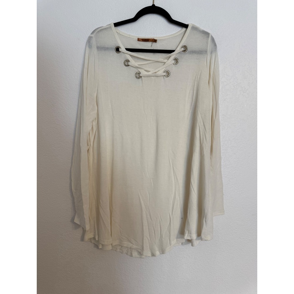 Beidini Ivory Lace‎ Up Embellished Grommet Long Sleeve Tunic Top 1X